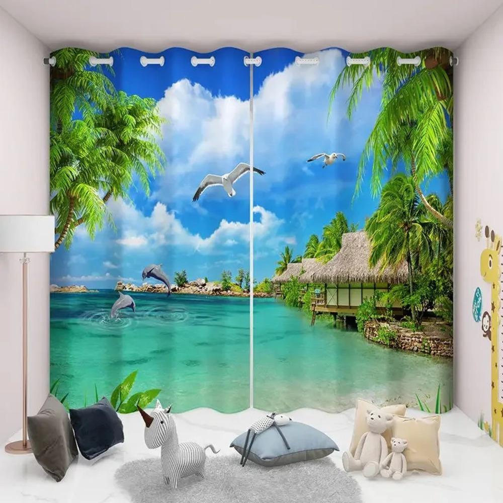 Quality 2 panels Landscape Sea Beach Seagull Printed Drapes Rod Pocket Design Easy To Install Curtains Washable Drapes For Living Room