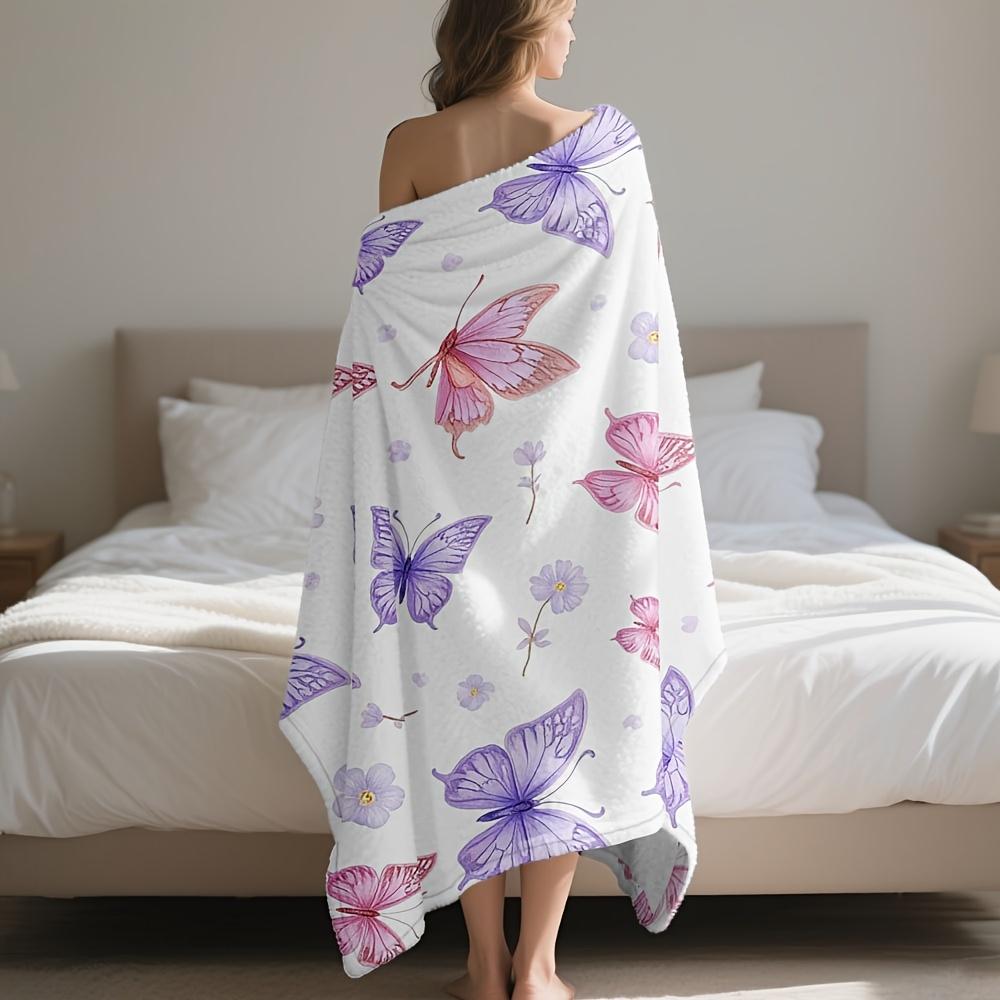 Purple Pink Butterfly Floral Art Throw Blanket - Vibrant Botanical Pattern Cozy Soft Accent for Bed Couch Dorm Holiday Gift