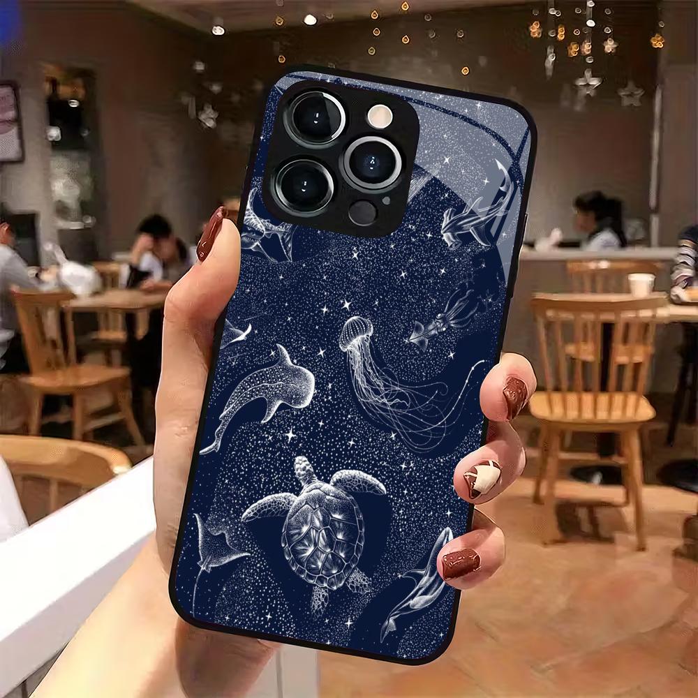 Turtle Dolphin Pattern Tempered Glass Phone Case Suitable for iPhone 17 16 15 14 13 12 11 Pro Max Plus Shockproof Back Cover