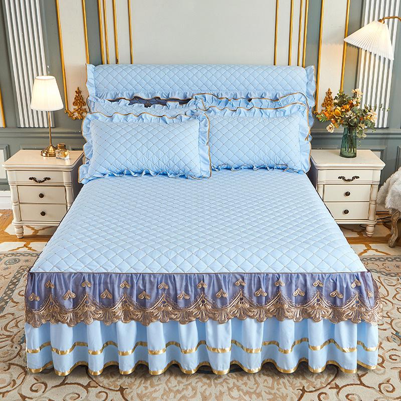 European solid color washed padded bed skirt four-piece set lace lace princess wind bed cover non-slip fixed Nordic
