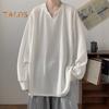 Spring Autumn Men Top V Neck Long Sleeves Oversized Solid Color Loose Mid Length Striped Texture Pullover Hip Hop Streetwear Sweatshirt