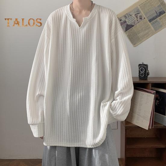 Spring Autumn Men Top V Neck Long Sleeves Oversized Solid Color Loose Mid Length Striped Texture Pullover Hip Hop Streetwear Sweatshirt