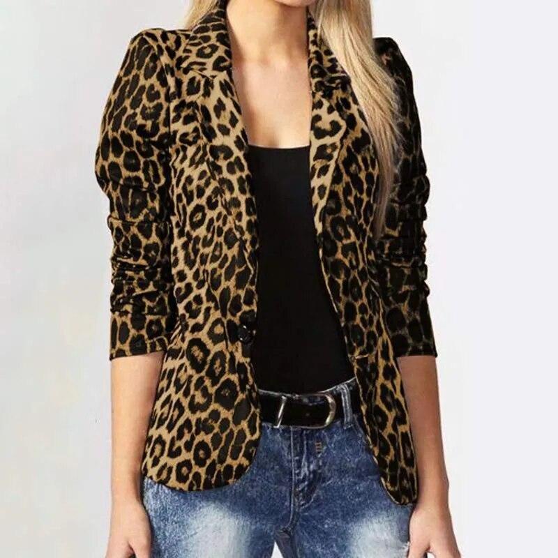 Spring Autumn Long Sleeve Single Breasted Jacket Fashion Leopard Commuter Coat Temperament Turn Down Collar Collar Suit