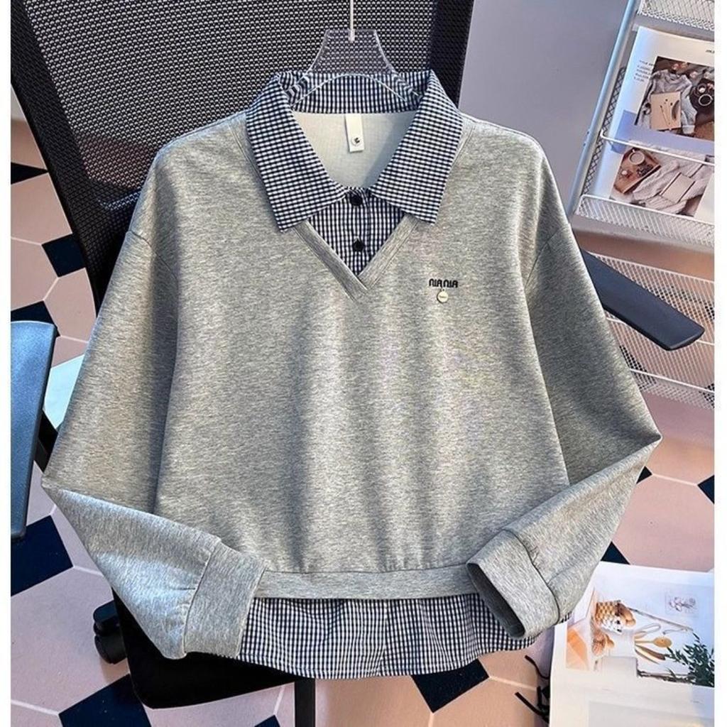 Fake Two Piece Spliced Grid Collar Hoodie for Women with Spring and Autumn Design Sense, Loose Fitting Hooded Top