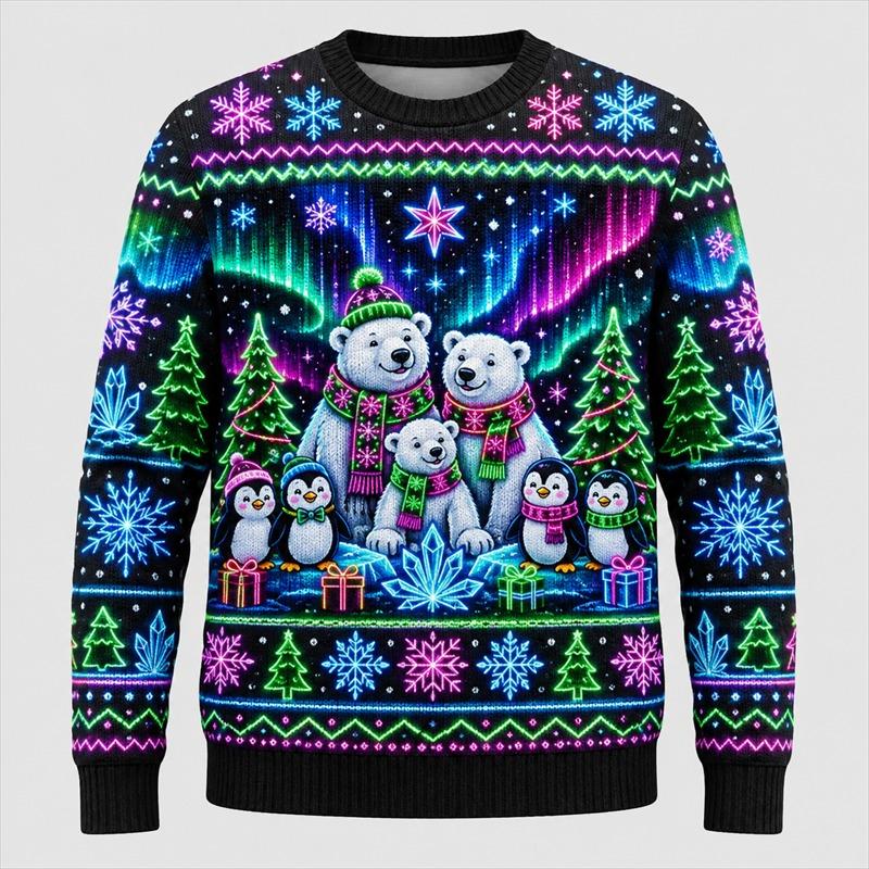 Maglione Brutto di Natale con Stampa al Neon per Uomo Moda Festiva Manica Lunga Felpe per Riunioni Pullover Oversize Casual