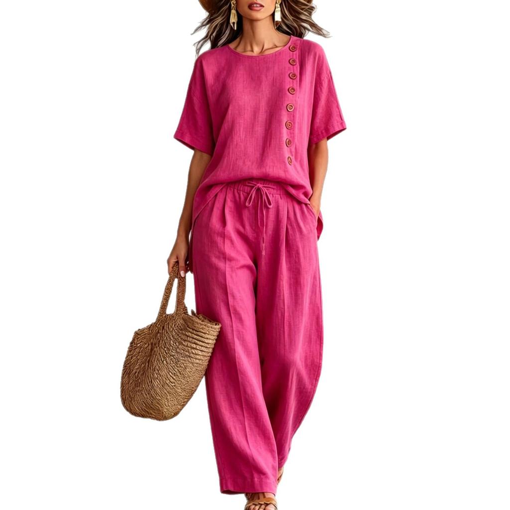 Damen Kurzarm-Oberteil mit Knopfleiste und Hose mit Kordelzug, Zweiteiler, Lässiges lockeres Outfit in Unifarbe