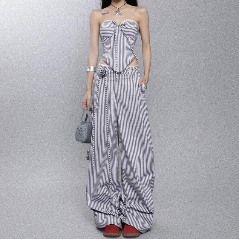 Suit Ins Summer New Arrival Asymmetrical Heart Wrapped Chest Vest Women Loose Casual Trousers Striped Suit Women