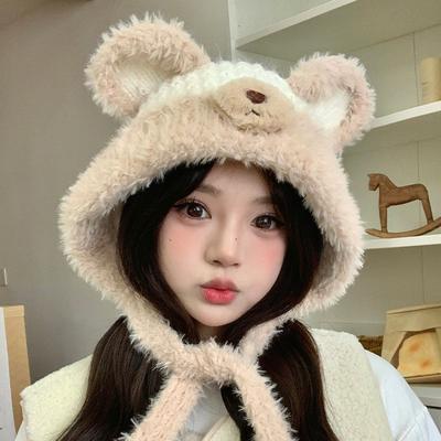 Cute Bear Plush Hat Women's Winter Face Revealing Japanese Style Warm Furry Ear Protection Lace Up Knitted Ear Protection Hat