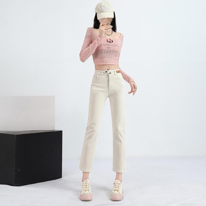 

DIMANAF 2024 Осень Женские Джинсы Брюки Женские Эластичные Базовые Брюки С Высокой Талией Модные Новые Девятые Брюки 34 бежевый