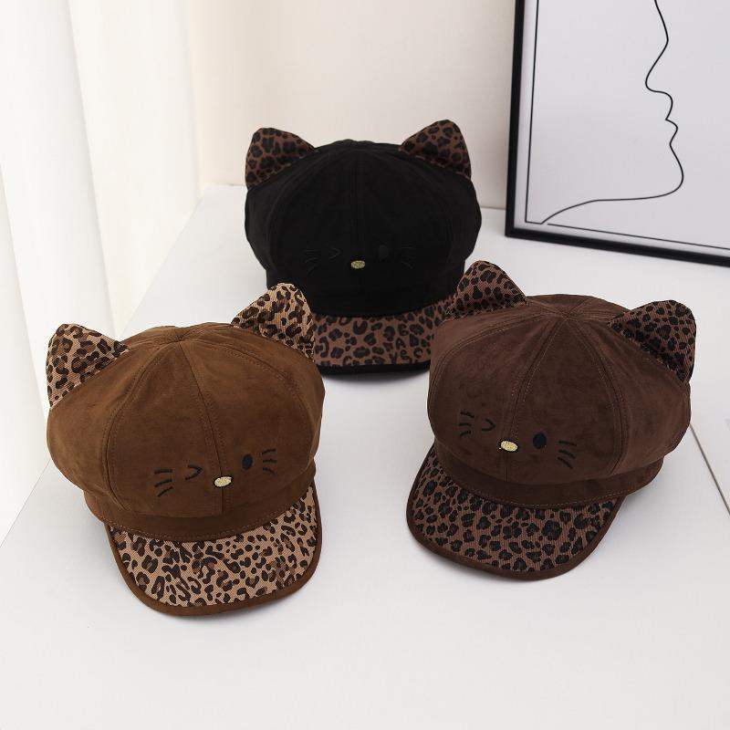 Cute Leopard Print Ears Octagonal Hat For Large Head Size Spring Autumn