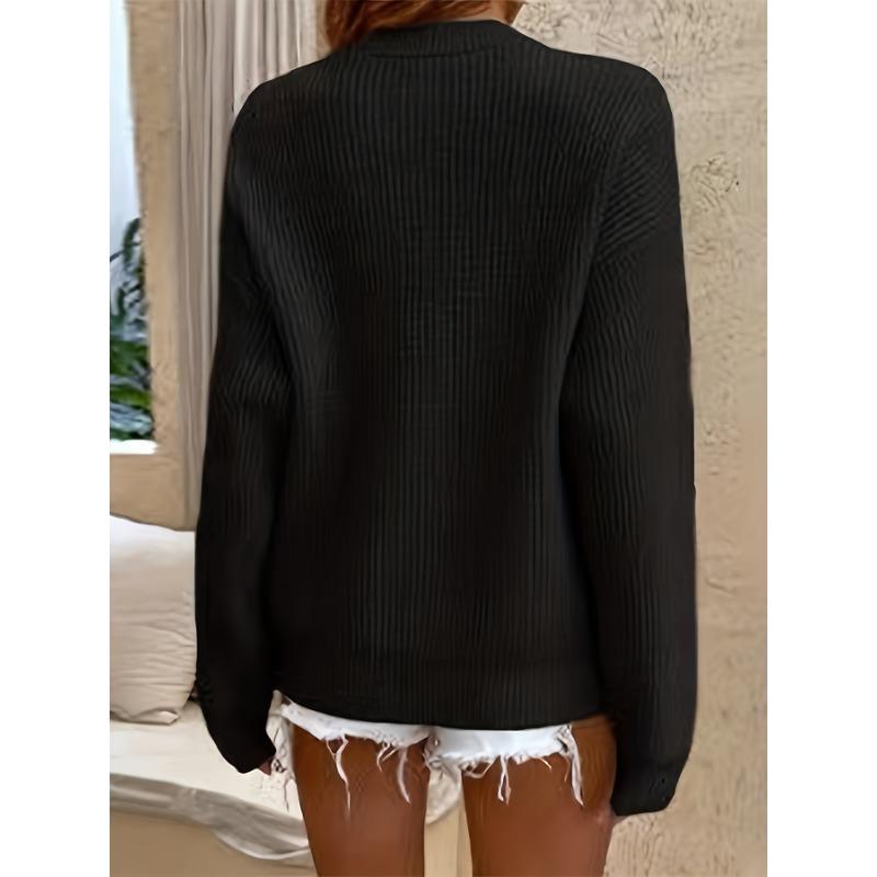 [Cozy Sweater] Soft & Comfortable Women's Cozy Pink Sweater | Casual Crew Neck, Long Sleeve Pullover for Fall/Winter, Button Details