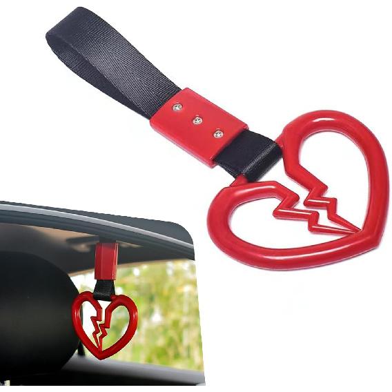 2 PCS Broken Heart Shaped Car Handle Straps Hang Ring, Rear Bumper Warning Ring, Multifunctional Drift Charm for Car (Red)