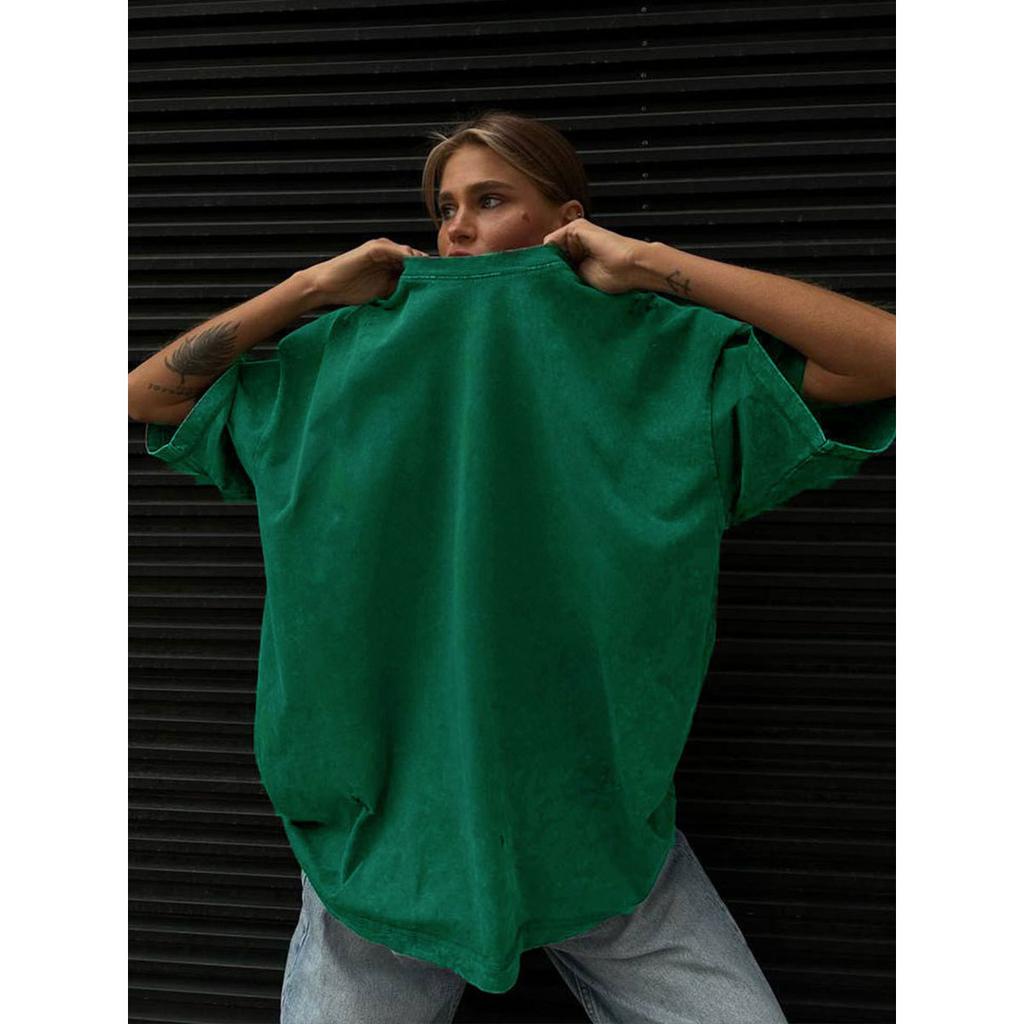 Cotton Retro T-shirt Men Women Vintage Short-sleeve Wax Printing T Shirts Solid Color Hip Hop Loose Tees Plus Size