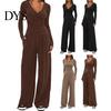 Stilvoller lockerer Damenanzug Damen 2-teiliges Loungewear-Set V-Ausschnitt Langarm-Oberteil Einfaches einfarbiges Outfit Und Weitbeinige Hosen Set Frühling Herbst Freizeit