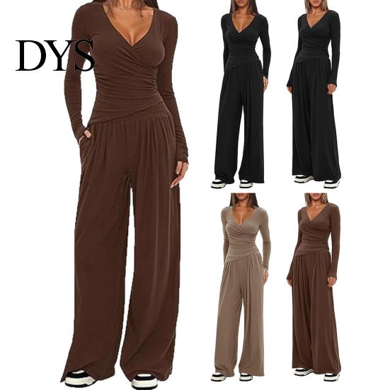 Stilvoller lockerer Damenanzug Damen 2-teiliges Loungewear-Set V-Ausschnitt Langarm-Oberteil Einfaches einfarbiges Outfit Und Weitbeinige Hosen Set Frühling Herbst Freizeit