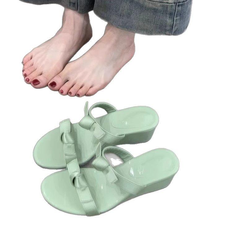 French word with wedge sandals women's summer wear 2025 new gentle evening breeze bow with skirt cool slippers