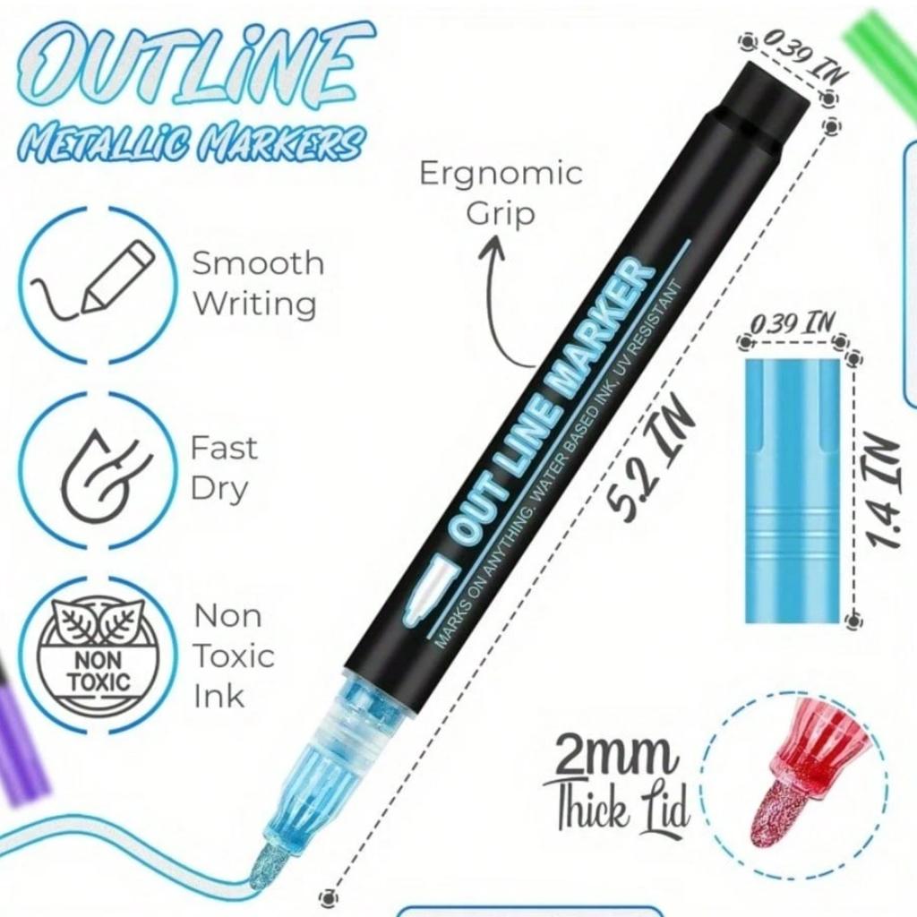 Double Line Outline Permanent Marker, 12/24Colors Wave Glitter Marker Set, Self-Contour Metallic Marker Pens for Art
