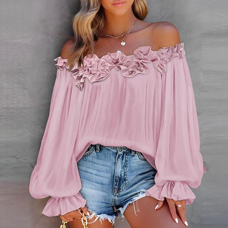 

Shirt Women off Shoulder Top off-Shoulder Long Sleeves Shirt Loose Plus Size Tops Women Pink S