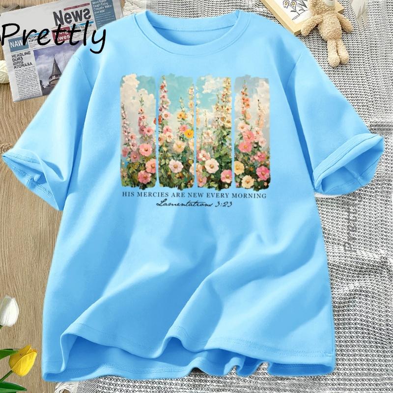 Retro Flower Print Cotton Clothing T-Shirt for Woman Are New Every Morning T Shirt Cozy Tee