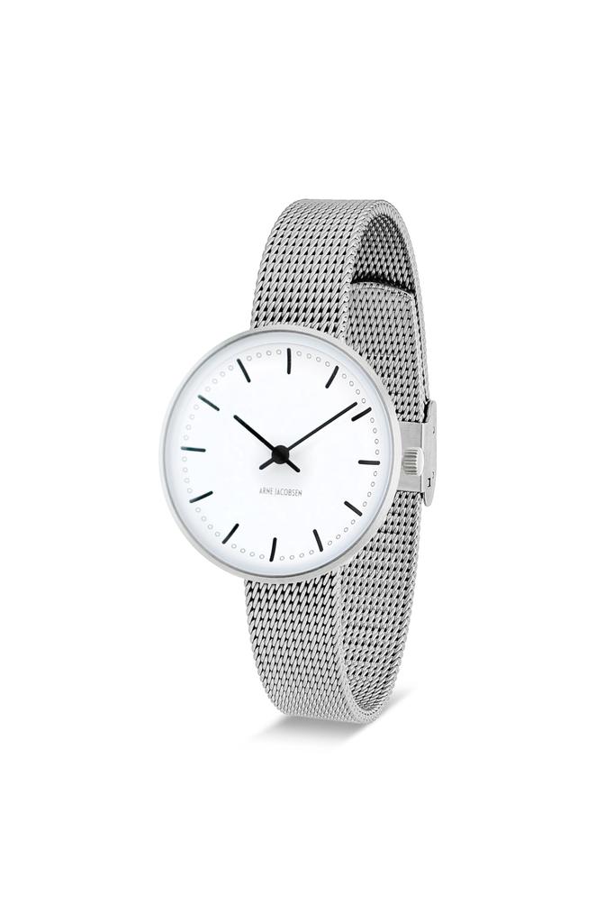 ARNE JACOBSEN CITYHALL 53201-1608 Wristwatch, 34mm, Scandinavian Design, Water Resistant (Quiet Design with No Second Hand), White with Silver Mesh