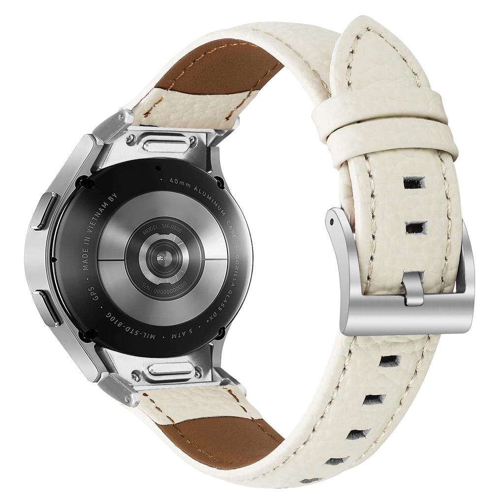 Genuine Cow Leather Strap with Connector for Samsung Galaxy Watch FE 40mm/Watch7/Watch6/Watch 5/Watch4 Litchi Texture Silver Buckle Watch Band