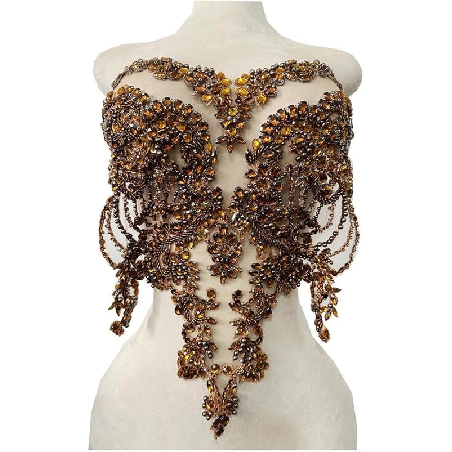Handmade red/Blue/Gold/Green Rhinestones Lace Bodice Applique Sewing Beads Crystal Trim Patches Accessory for Dress Clothes (Light Champagne)