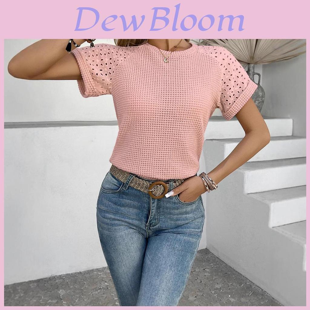 Women Short Sleeve T Shirt With Lace Patchwork Polyester Casual Top For Spring