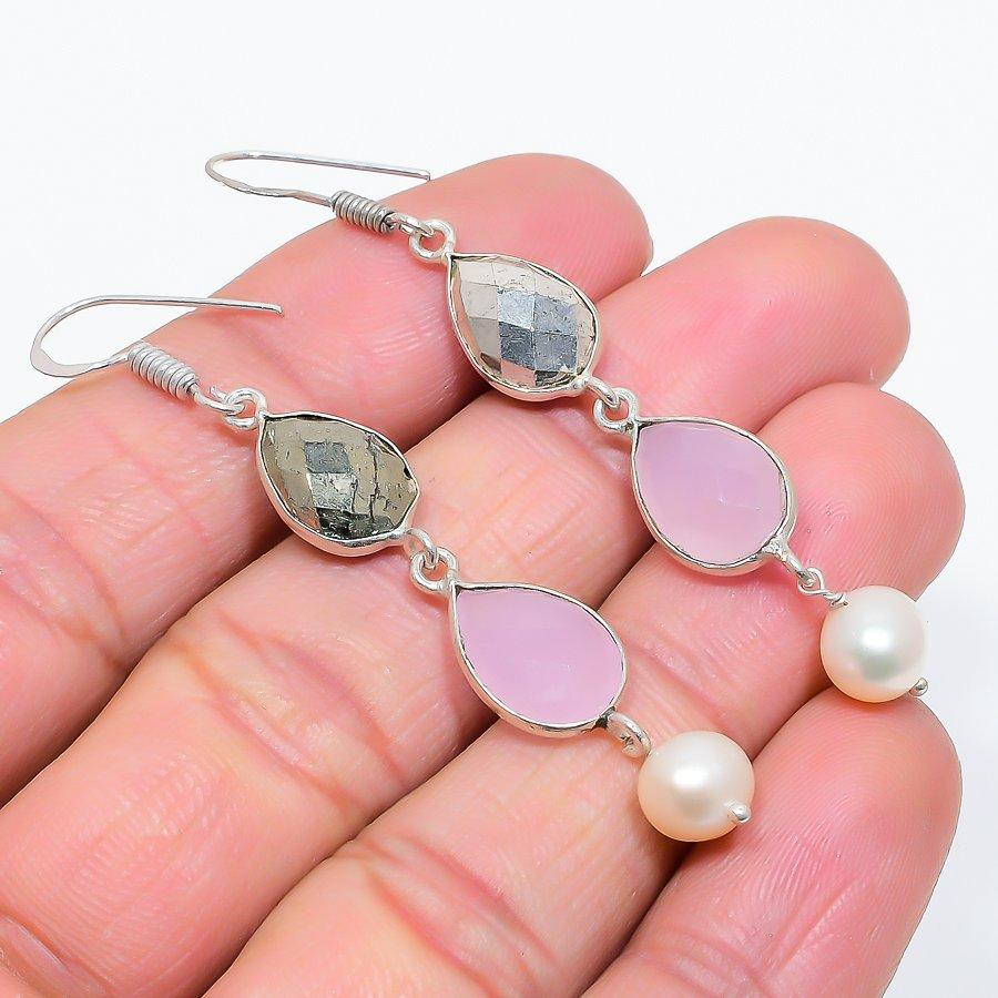 Pink Chalcedony, Pearl Gemstone 925 Sterling Silver Jewelry Earring 2.48" GK-6240