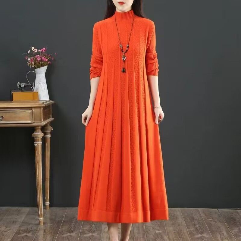 Abito Maglia Midi da Donna Collo Semi-Alto Manica Lunga Abito Maglione Dritto Indumento Interno Invernale Capo Esterno Taglie Forti