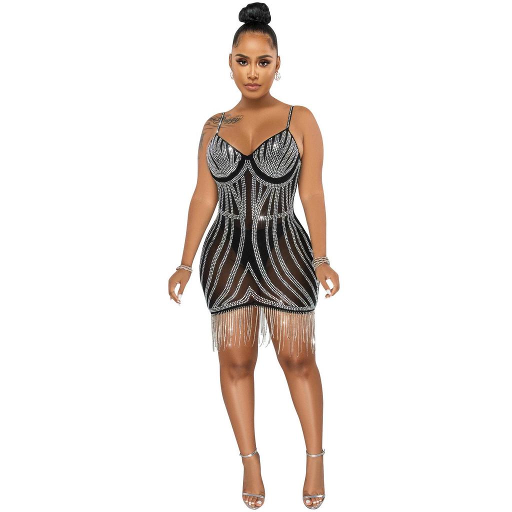 X5633 Strass-Spaghettiträger Fransen Bandagekleid - Sexy Ärmelloses Minikleid