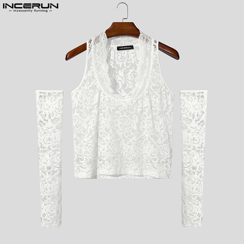 INCERUN Men V Neck Oversleeve Lace See Through Party Club Cropped Tank Tops