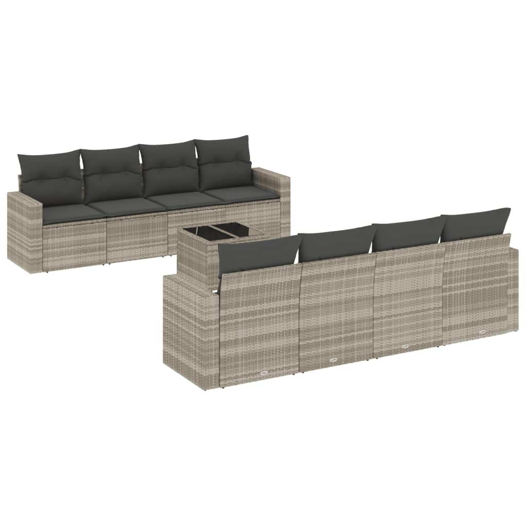 Vidaxl 9-Cz. Garden Furniture Set, Cushions, Light Grey Poly Rattan