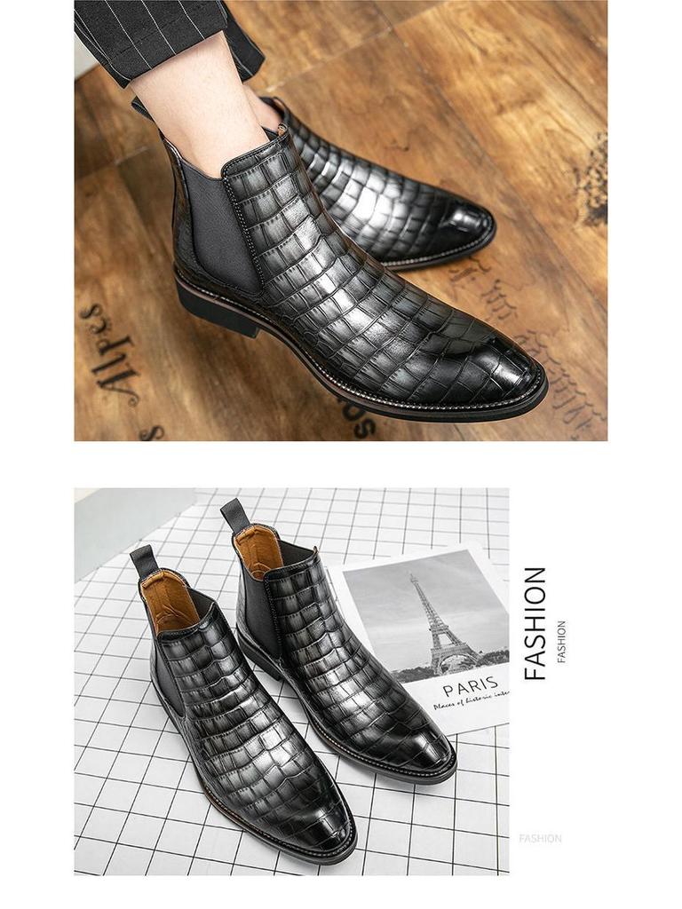 Men's Pointed Toe Chelsea Boots – Vintage Crocodile Pattern, Genuine Leather Slip-On Ankle Boots, Mid-Top British Style.