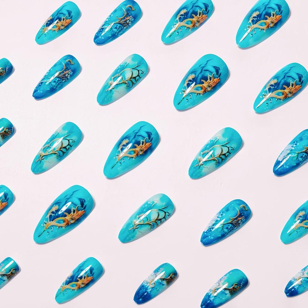 Décorations d'Art pour Ongles Punk Bleues Moyennes Translucides 24 Pièces