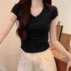 Korean shoulder v-neck short-sleeved t-shirt women's spring summer design feeling waist fold thin short Spice Girl top
