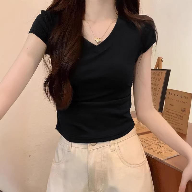 Korean shoulder v-neck short-sleeved t-shirt women's spring summer design feeling waist fold thin short Spice Girl top