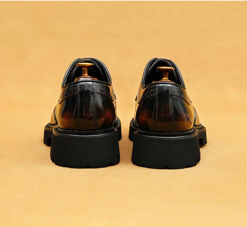 Patent Leather Men's Brogue Shoes with Pointed Toe and Thick Sole
