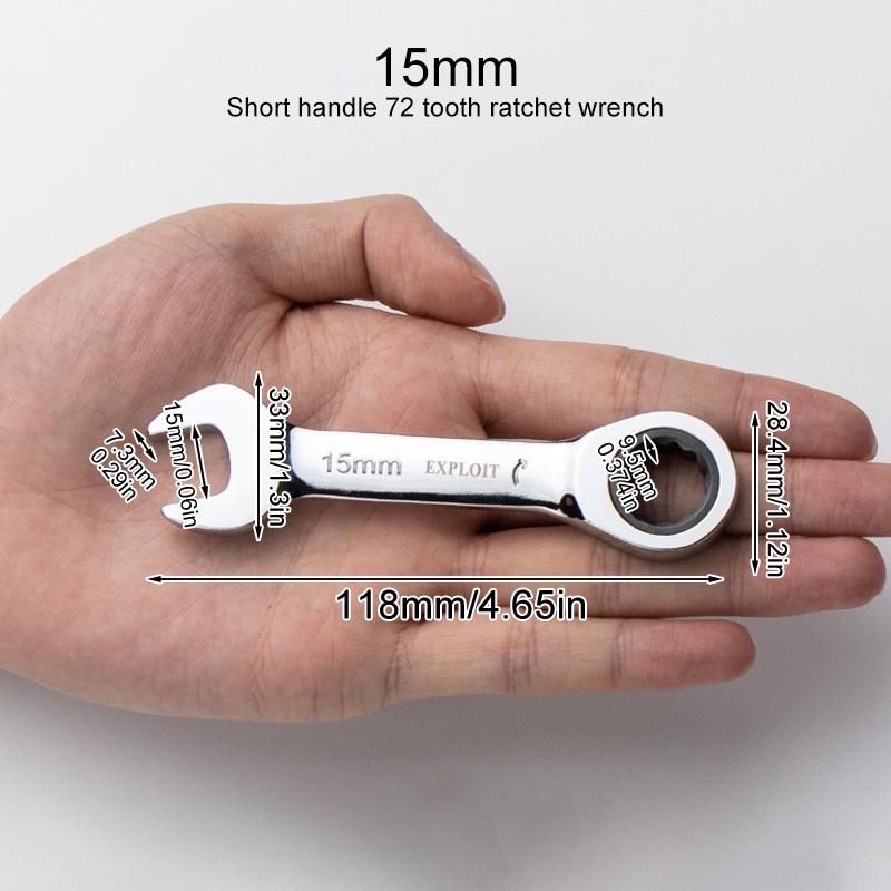 1Pc Metric Open End Wrench with Tight Spaces Gear Repair Hand Tools Steel Stubby Ratcheting Wrench Spanners 72-Tooth Car Repair