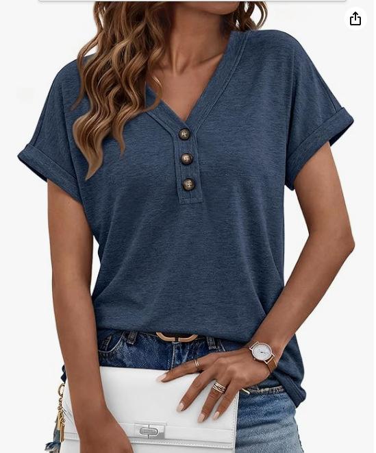 Women's Loose Fit Henley V Neck T‑Shirt Rolled Short Sleeve Casual Summer Daily Wear Blouse Top