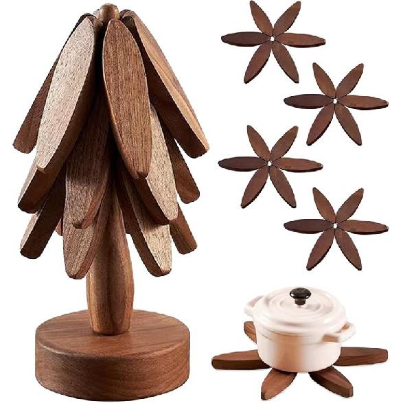 Wooden Tree Coasters, Trivets for Hot Dishes, Trivets for Hot Pots and Pans, Wooden Tree Trivet Set - 3 or 4 Wooden Trivet + 1 Stand (Walnut,4pcs-A) Walnut