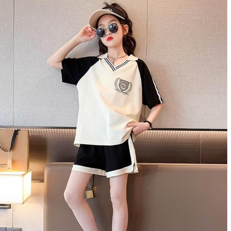 Summer Clothes Set for Children Girls Fashion V Neck T-shirts and Shorts 2pcs Suit Teenage Lapel Top Bottom Outfits Tracksuits