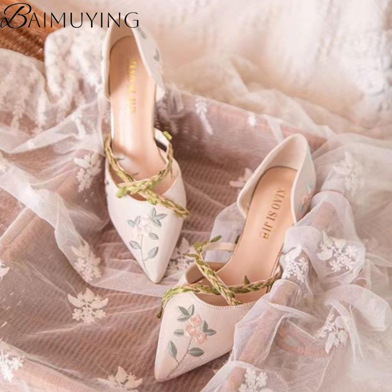 Damen Sandalen mit Absatz Spitzschuhe Stickerei Schuhe Damen Slipper 2025 Trend Elegant Flache Pumps Sommerkleid Sandalias De Mujer