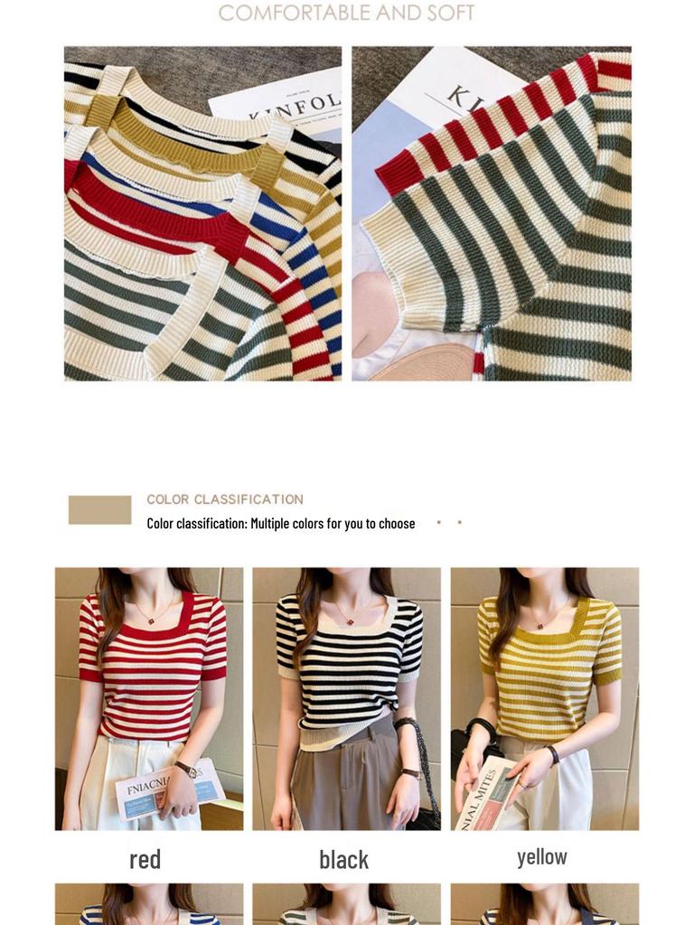 2025 Summer Women's Slim Fit Short Sleeve Striped Ice Silk Knit Top with Square Neck