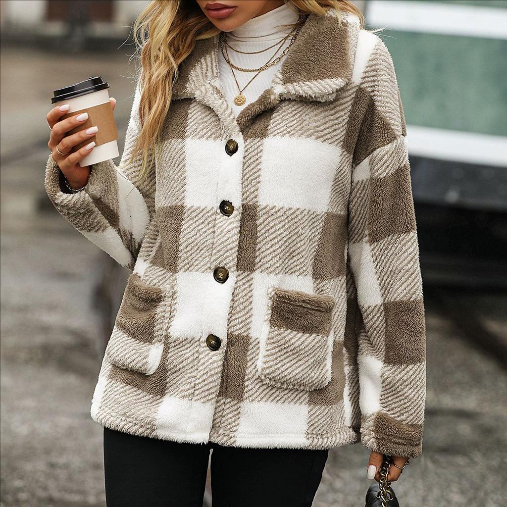 Fall and winter women's lapel long-sleeved medium-length plaid single-breasted double-sided velvet casual jacket