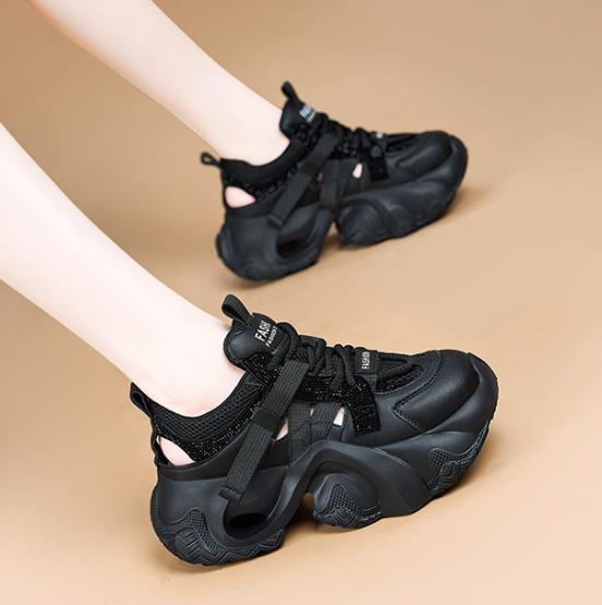 Fashion 7CM Air Mesh Synthetic Flats Women Slippers Chunky Sneakers Hollow Sandals Bling Platform Wedge Microfiber Leather Shoes