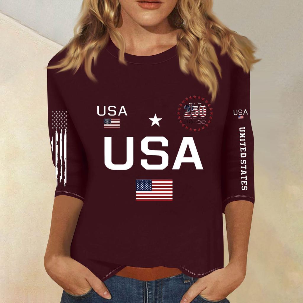 3/4 Sleeve Tops For Women T-Shirt Casual  Print Tops T Shirt Round Neck Pullover Blouse