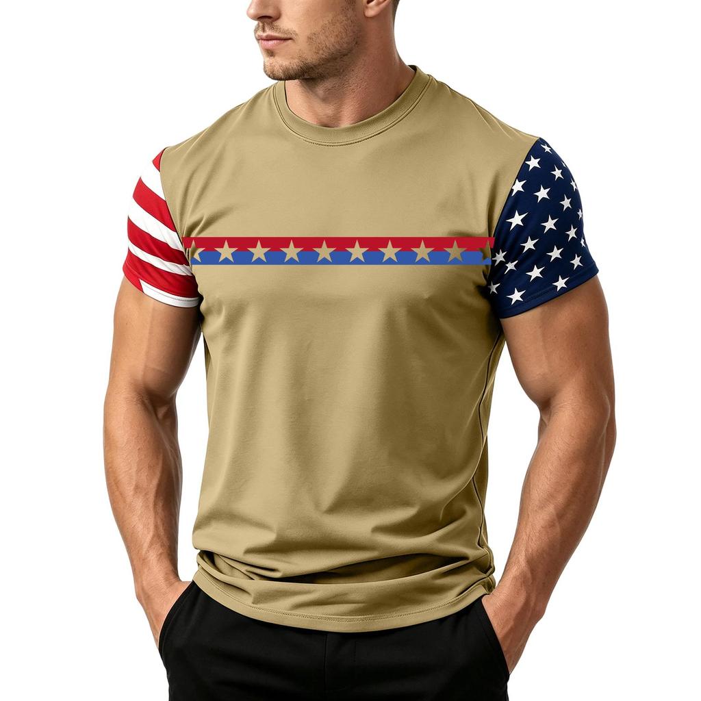Men's Casual Short Sleeve T Shirt Loose Fit Crew Neck Lightweight Summer Daily Wear Tee with Flag Pattern Sleeve Design