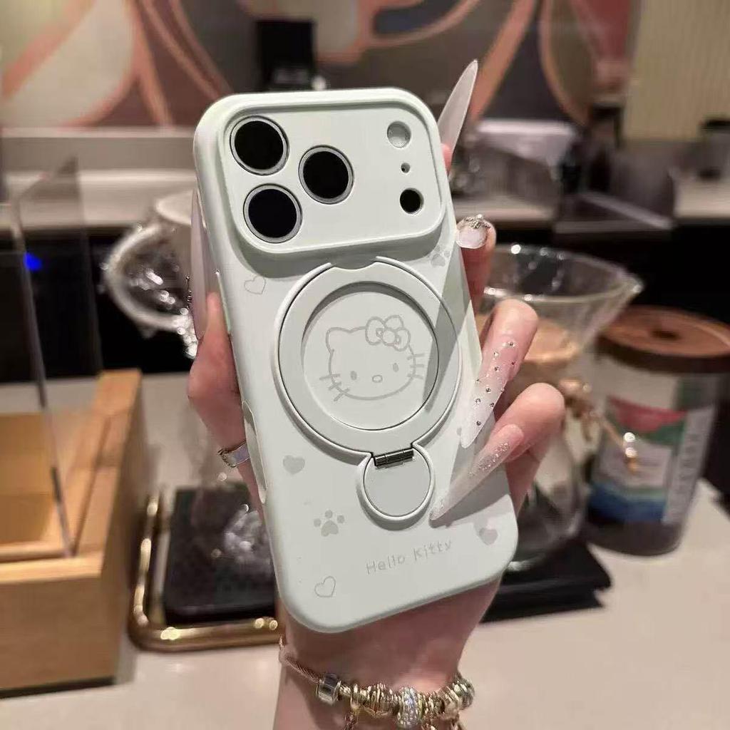 Magnetic Liquid Silicone Case for Apple 17 Pro - KT Cat Cartoon with Bracket Protective Cover