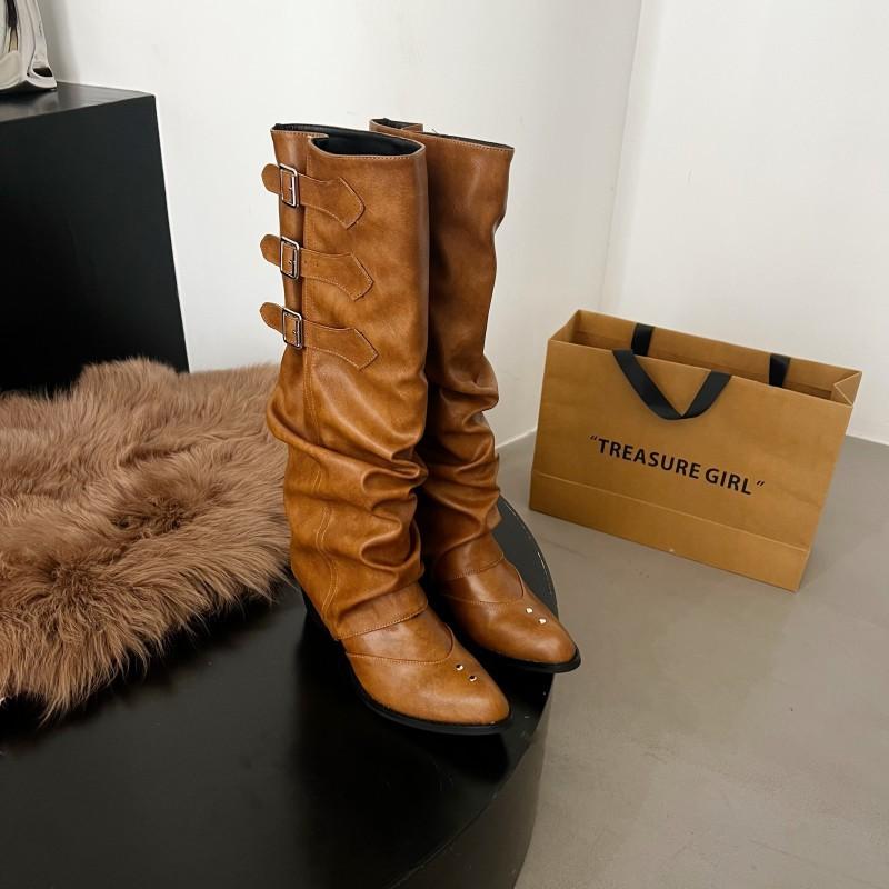 

2025 осень и зима новые плиссированные присборенные длинные рыцарские сапоги женские кожаные остроносые сапоги-трубы для брюк, голенища сапог съемные для двух вариантов носки 40 коричневый