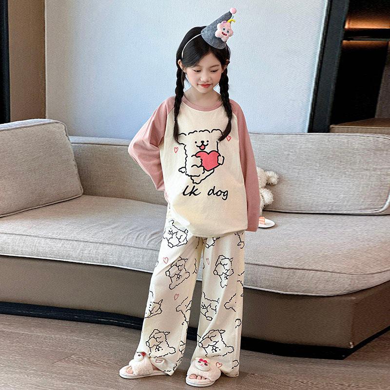 Autumn 2026 Girls' Pajama Set - Medium/Large, Cartoon Puppy Long Sleeve Tee & Pants